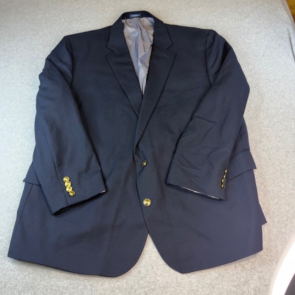 Stafford Mens Navy Blue Blazer Gold Crest Buttons Portly Fit Gingham Lining
